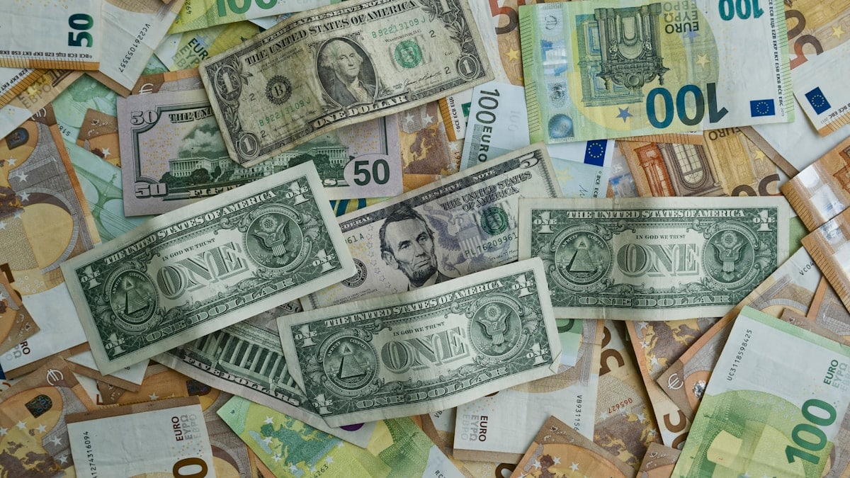 Different currencies on a flat surface with mixing notes from various countries and denominations showing value and designs clearly - A large collection of banknotes from different countries is spread on a flat surface. The notes include euros and US dollars, showcasing various amounts and designs.